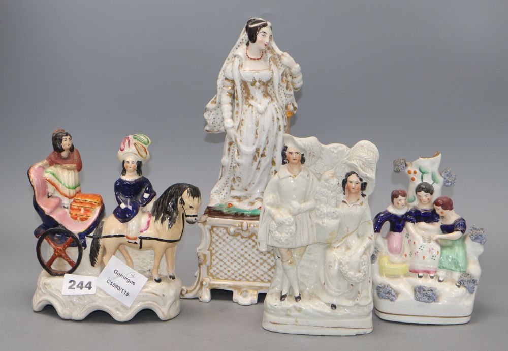 Three Victorian Staffordshire pottery groups and a French porcelain figure, tallest 28cm